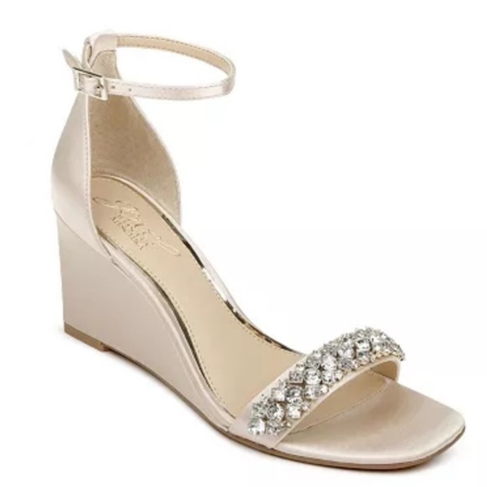 Badgley Mischka Champagne Satin Jeweled Wedge Sandal Size 7